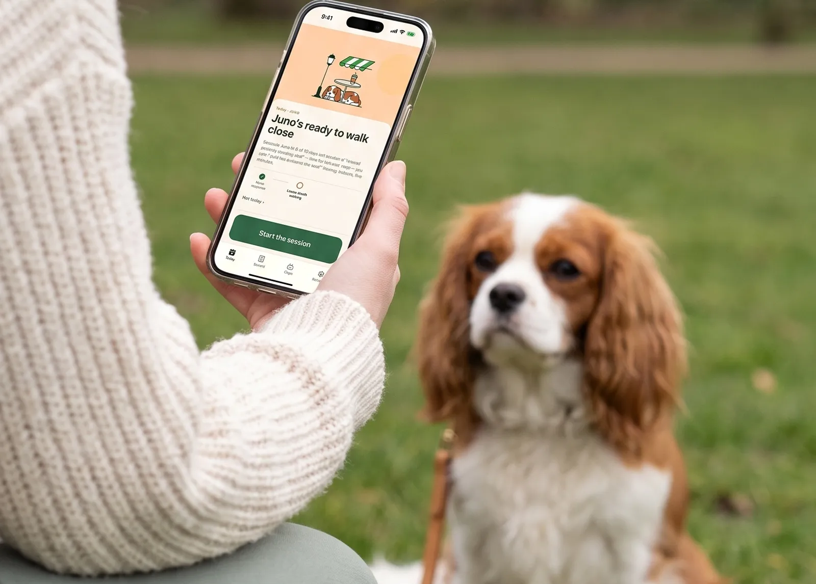 Someone crouched on the grass in a park beside a Cavalier King Charles Spaniel, the day's session open on their phone